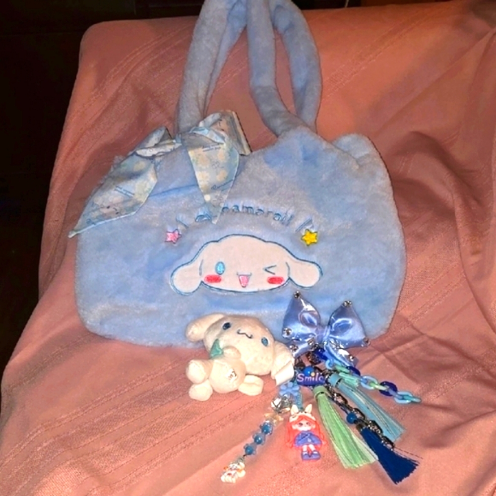Blue Plush Cinnamoroll Bag with Cinnamoroll Plush Keychain